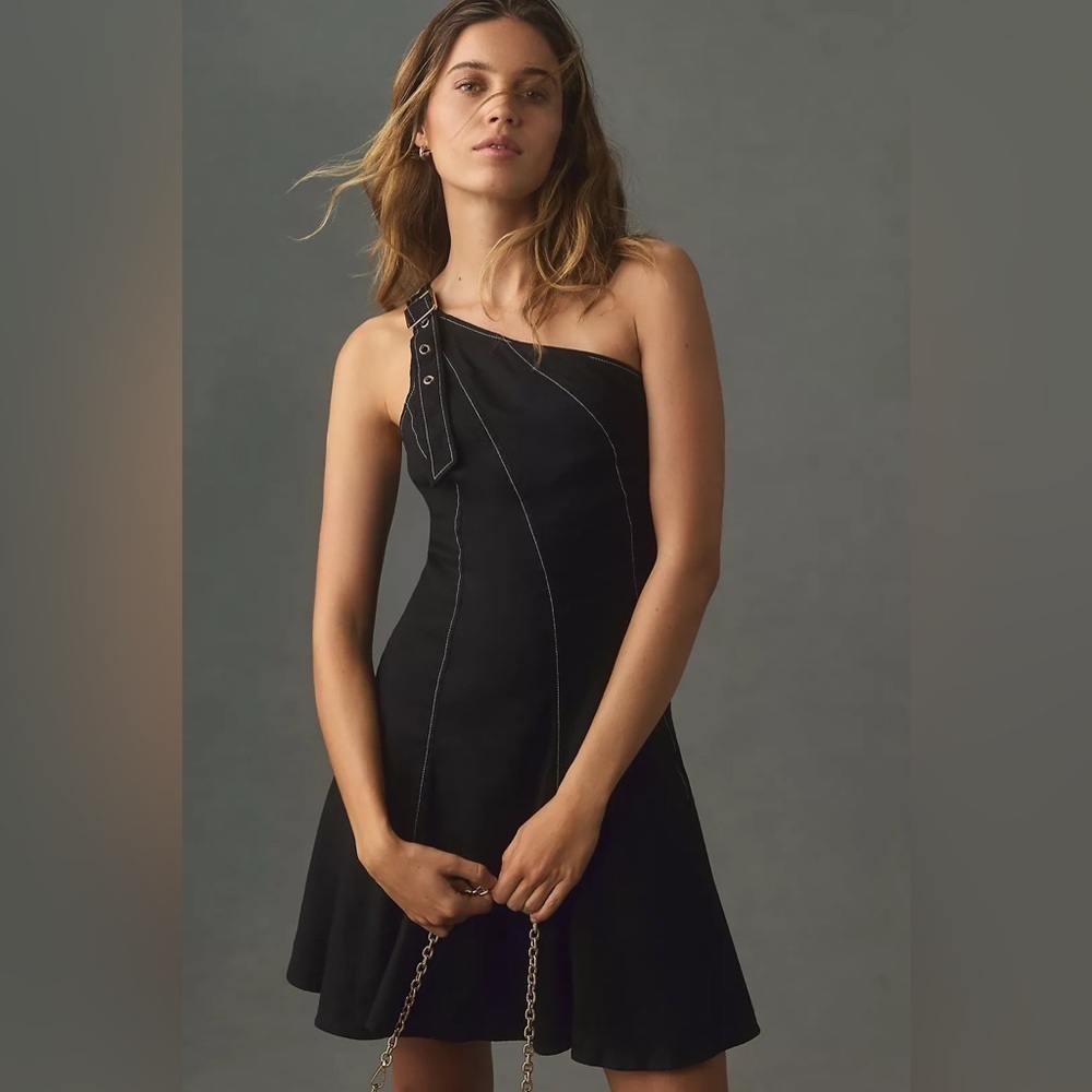 Anthropologie Linen One-Shoulder Seamed Mini Dress size small